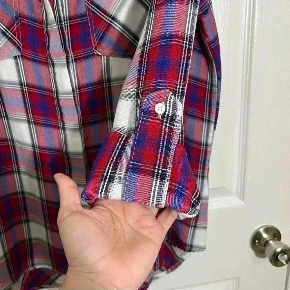 SAM EDELMAN Red, White, and Blue Plaid Woman Button Down | size Large - Picture 3 of 13
